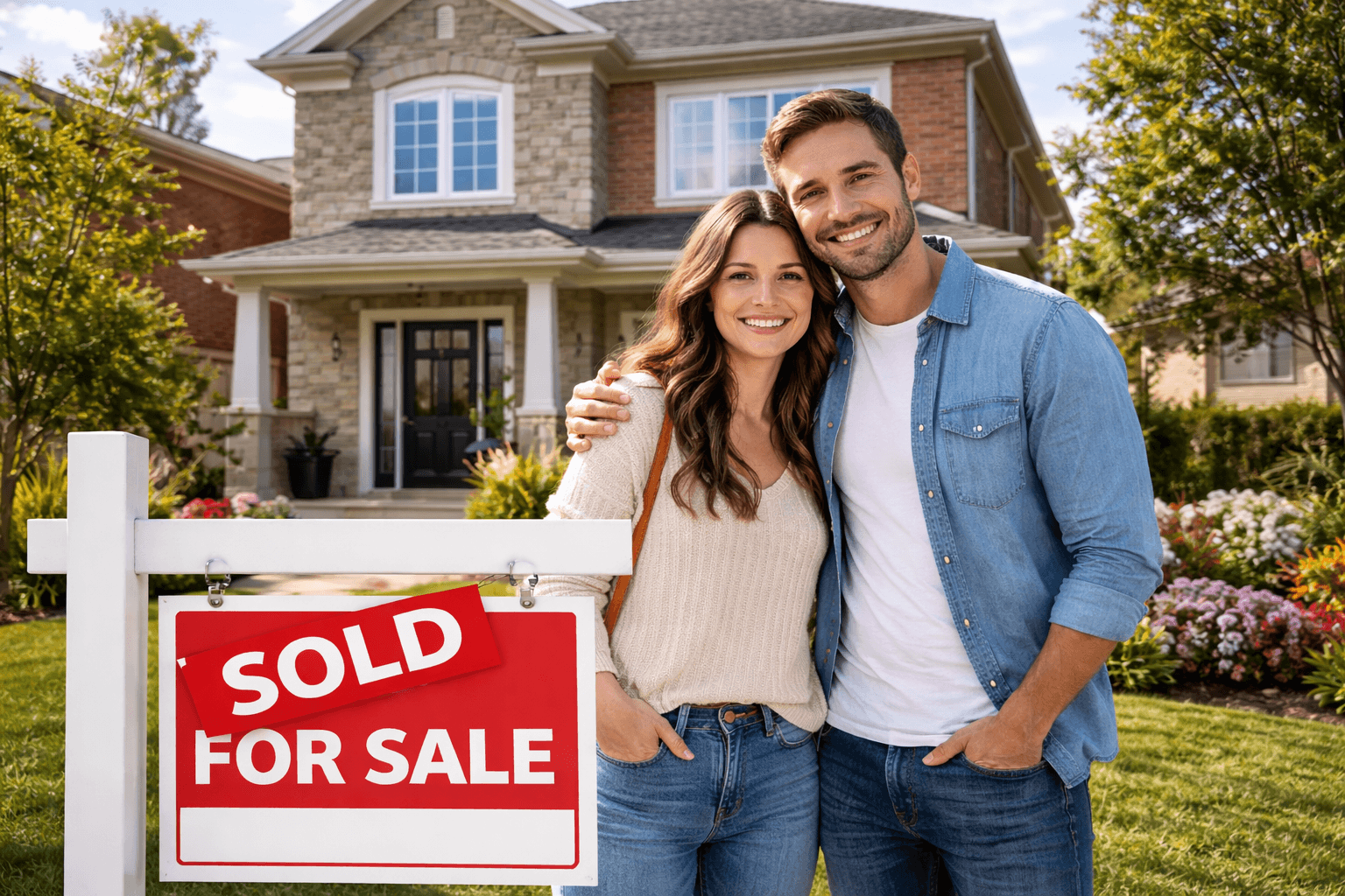 Buy a home - Modern home exterior with happy buyers