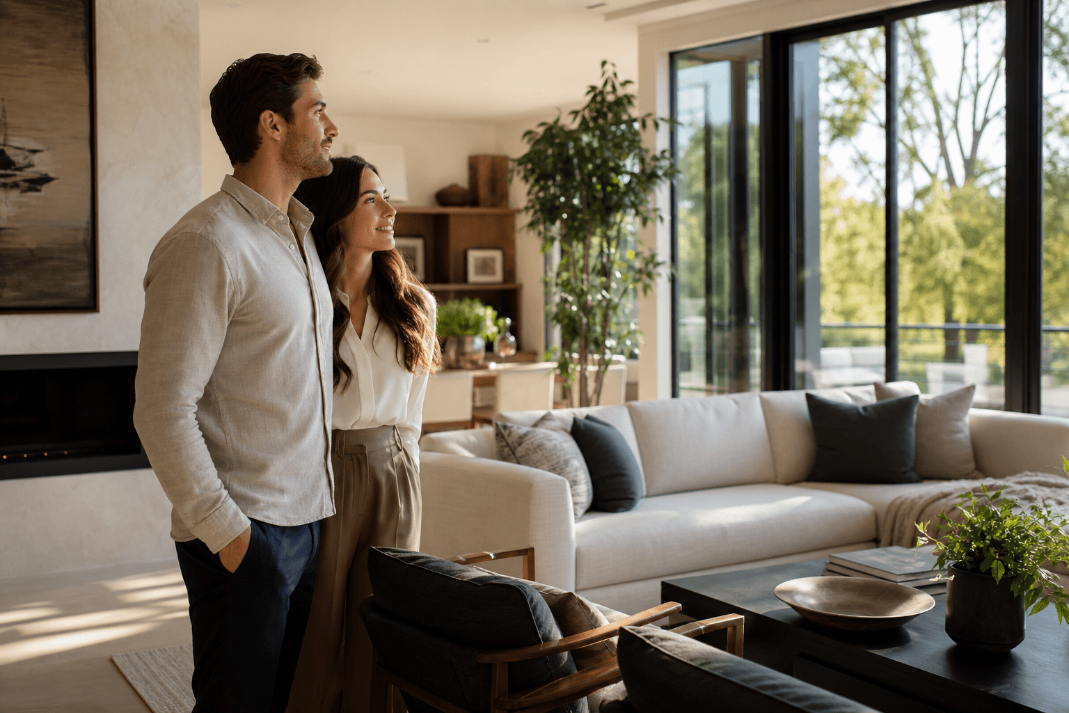 Couple looking out the windows of a bright home they are considering buying
