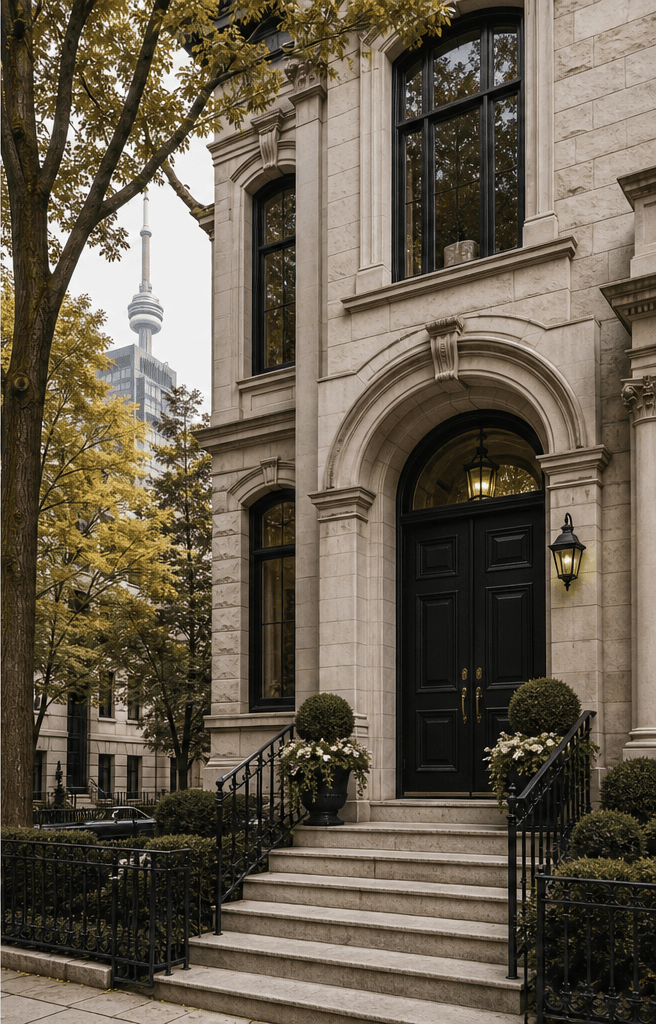 Stone townhouse entrance with city skyline beyond manicured greenery