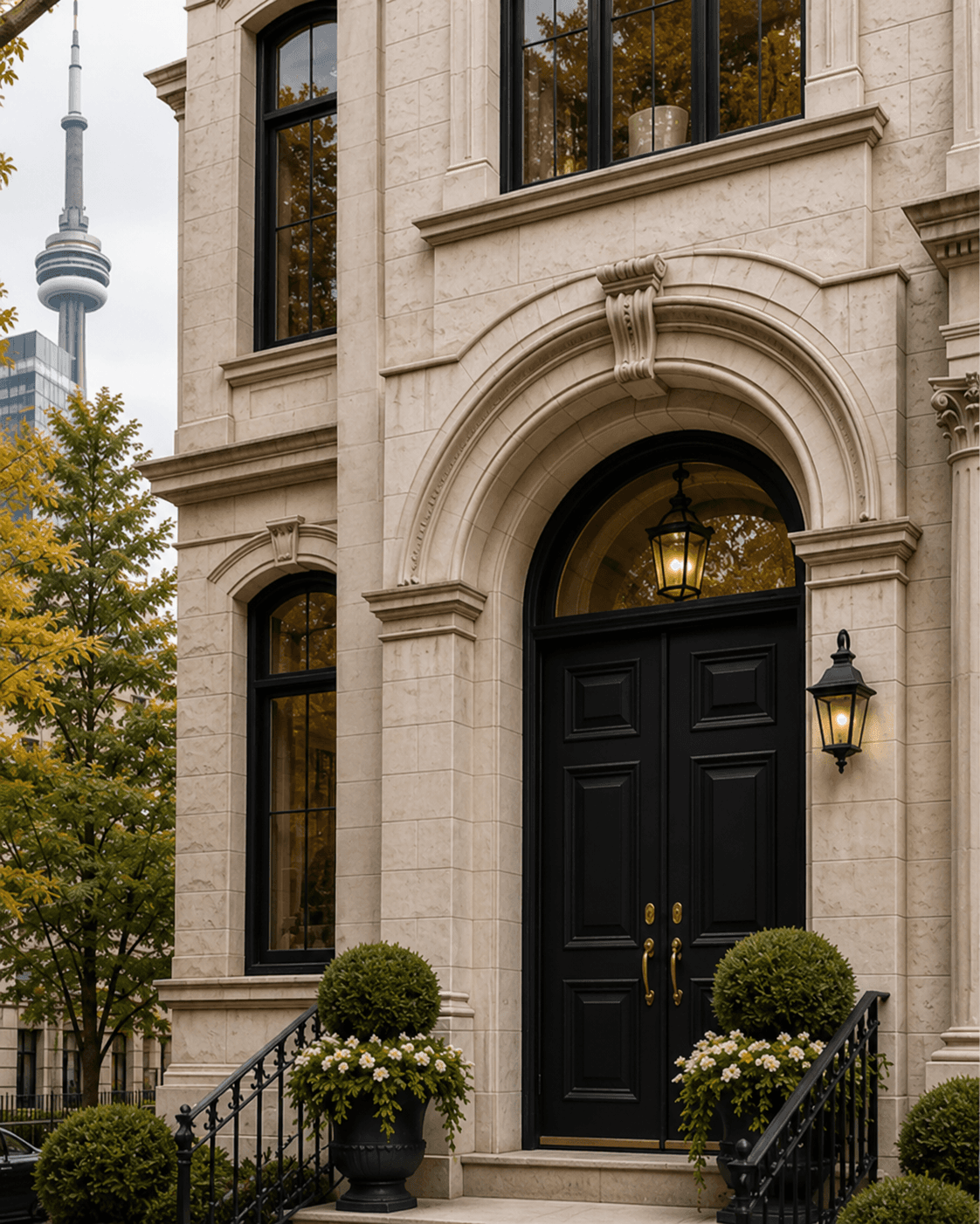Stone townhouse entrance with city skyline beyond manicured greenery