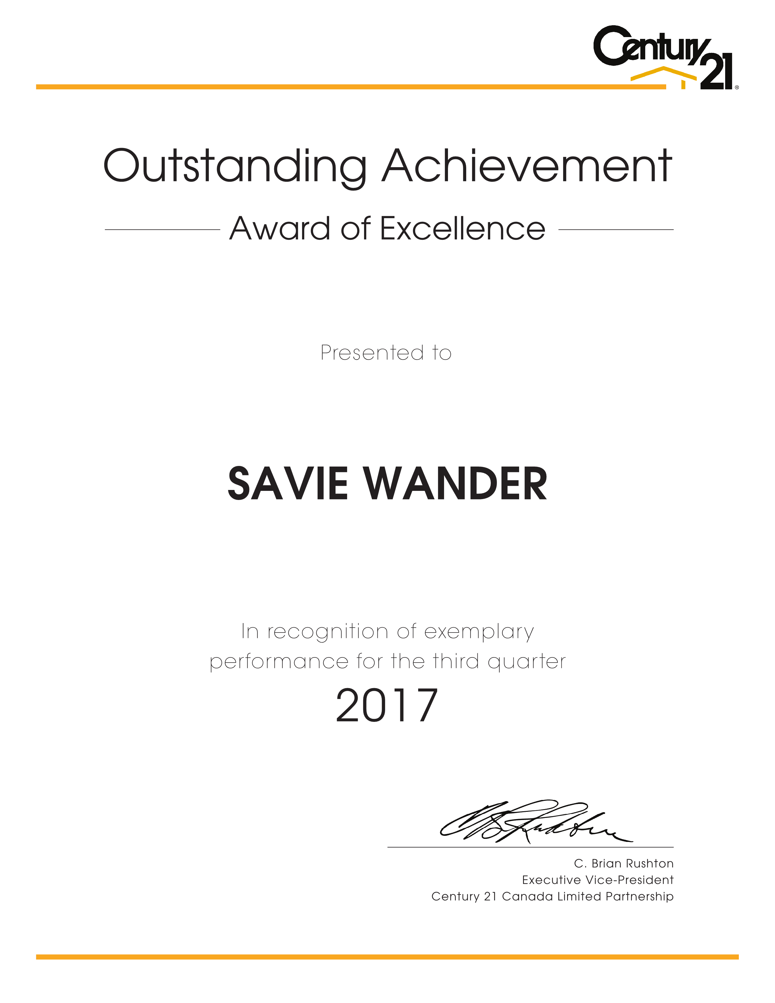 Outstanding Achievement Award of Excellence, Q3 2017