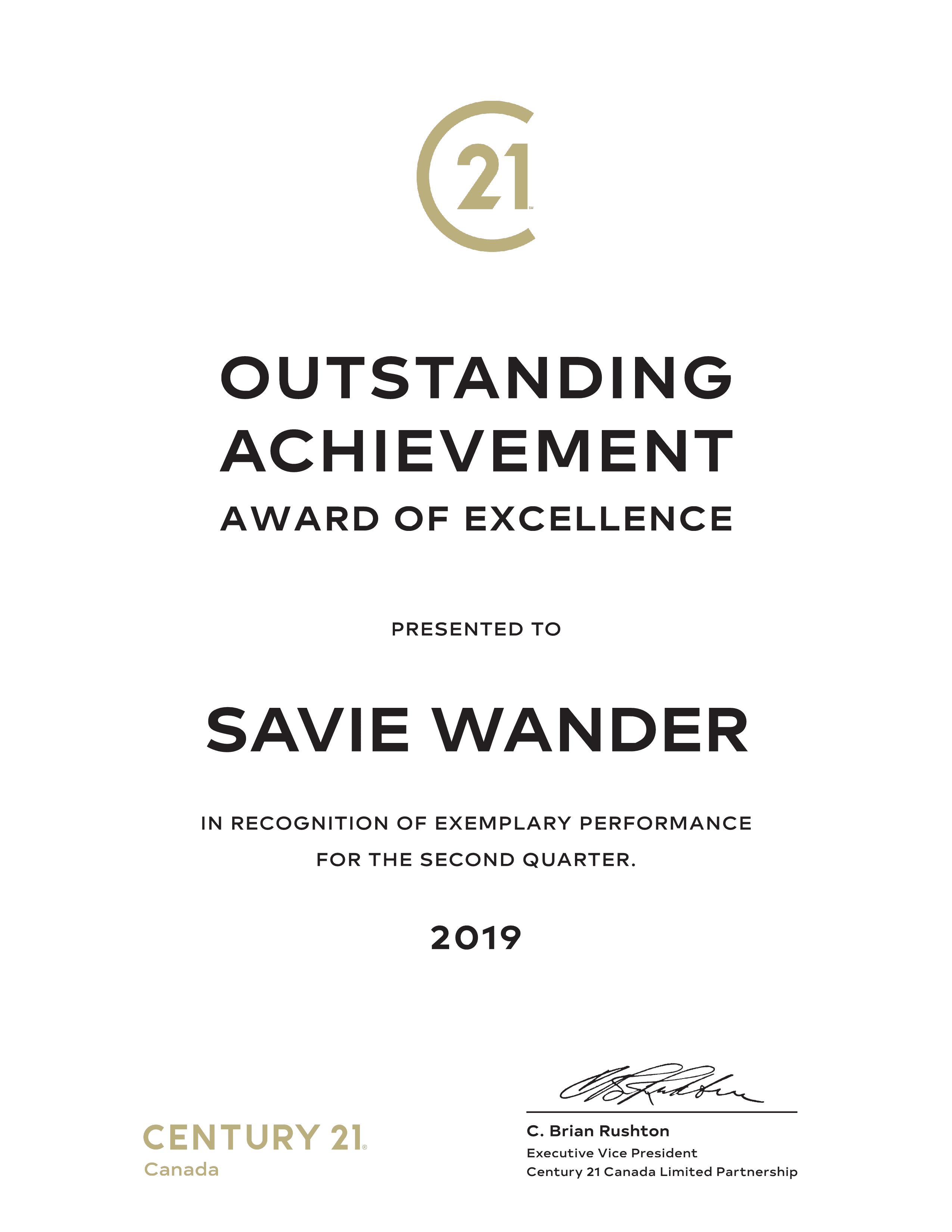 Outstanding Achievement Award of Excellence, Q2 2019