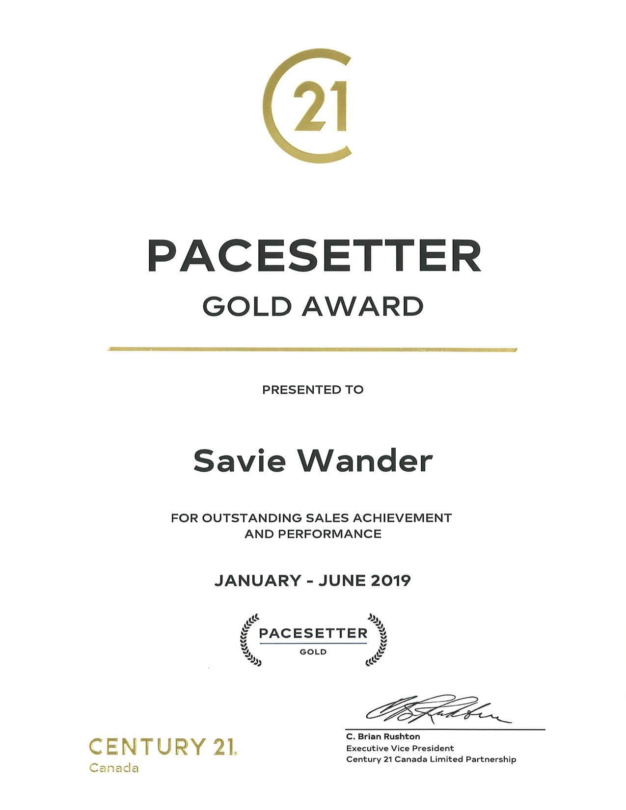 Pacesetter Gold Award, January–June 2019