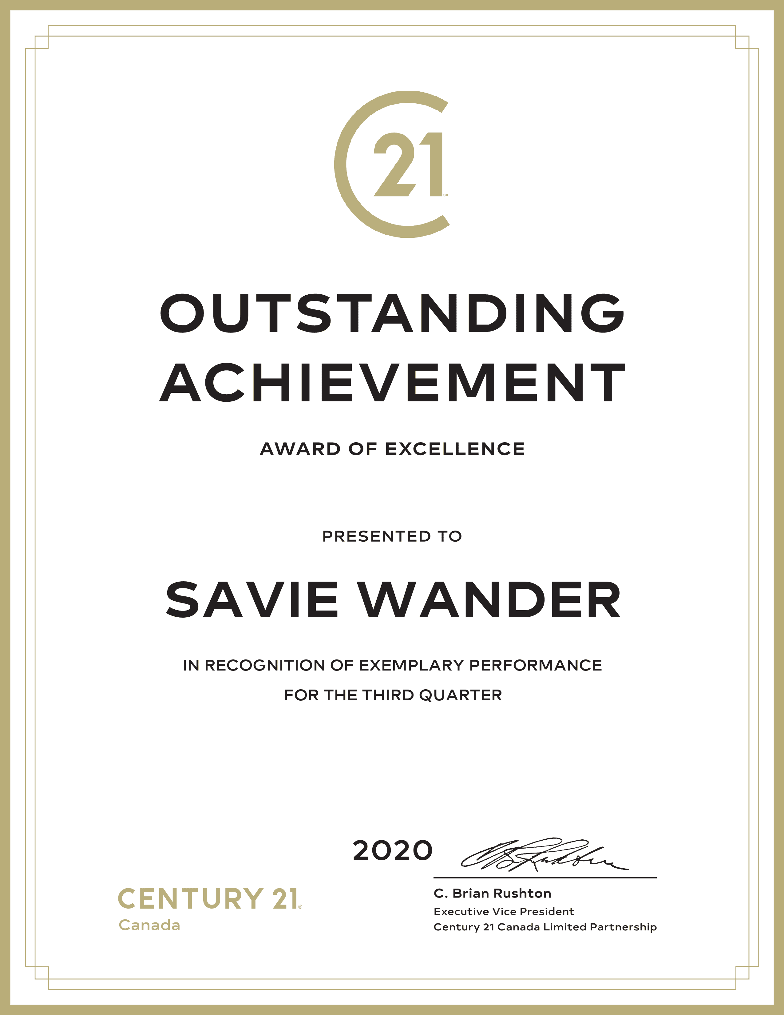 Outstanding Achievement Award of Excellence, Q3 2020