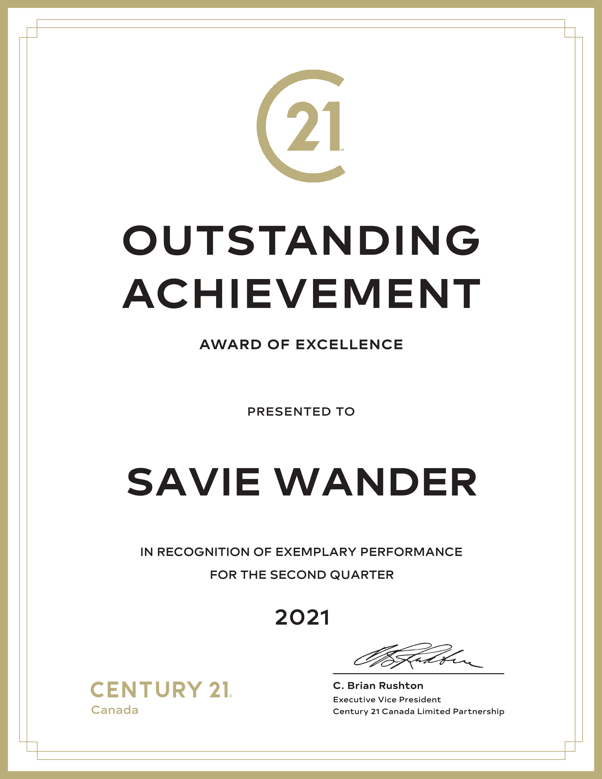 Outstanding Achievement Award of Excellence, Q2 2021