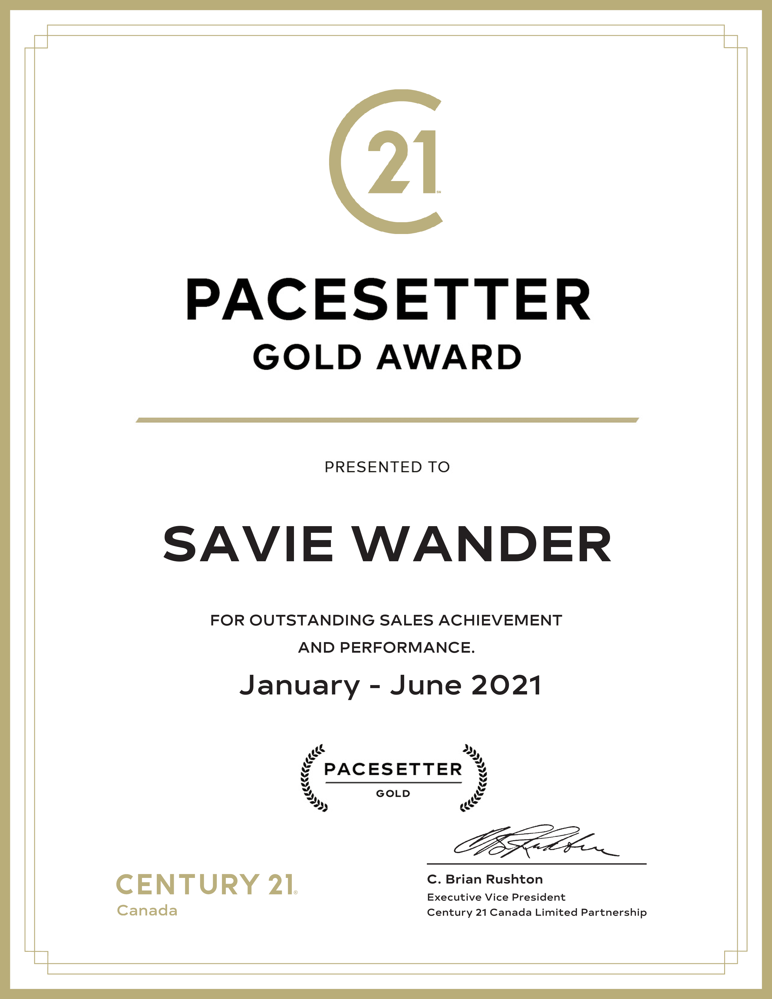 Pacesetter Gold Award, January–June 2021