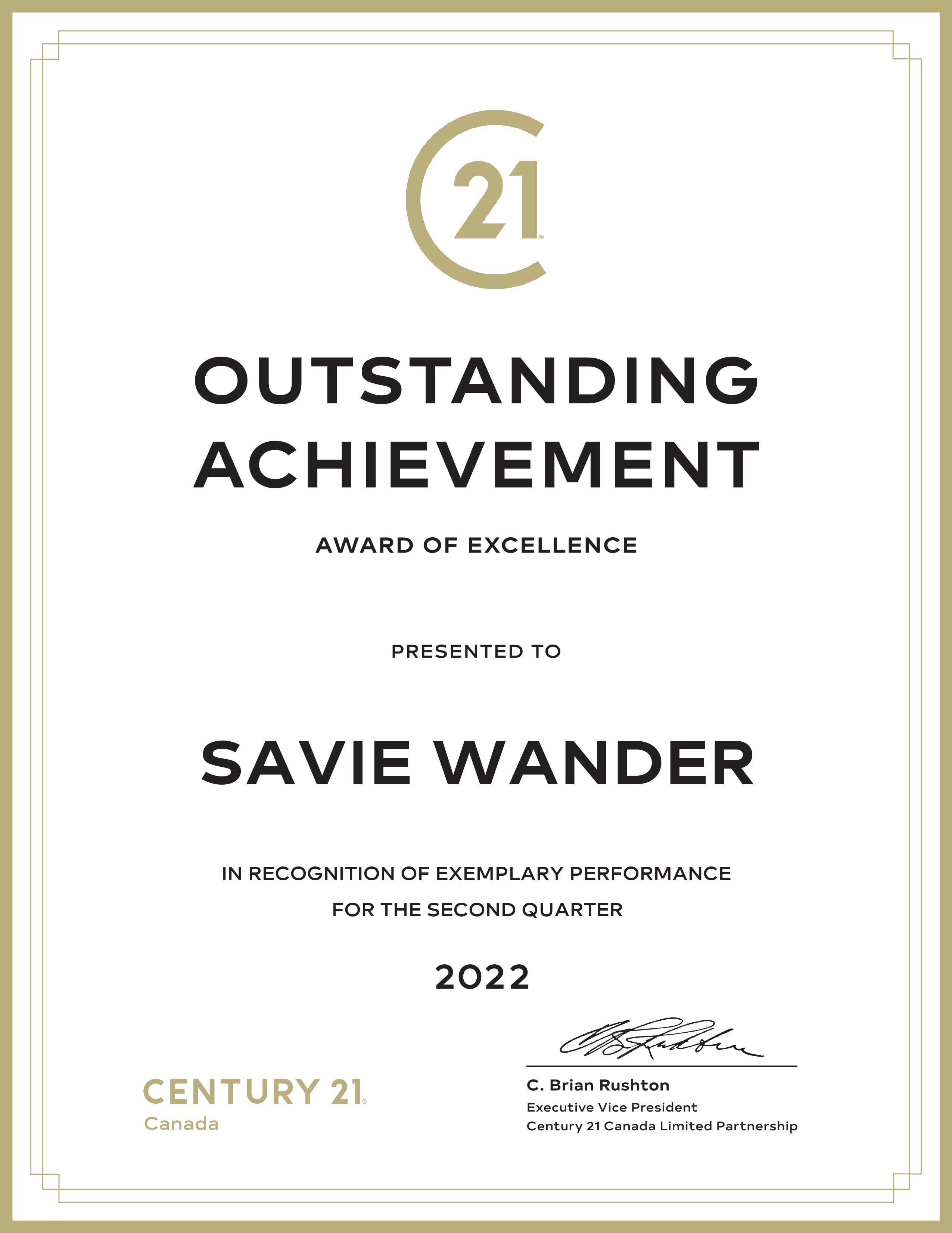 Outstanding Achievement Award of Excellence, Q2 2022